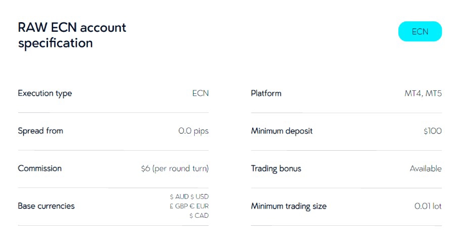 VTmarkets RAW ECN account specifications